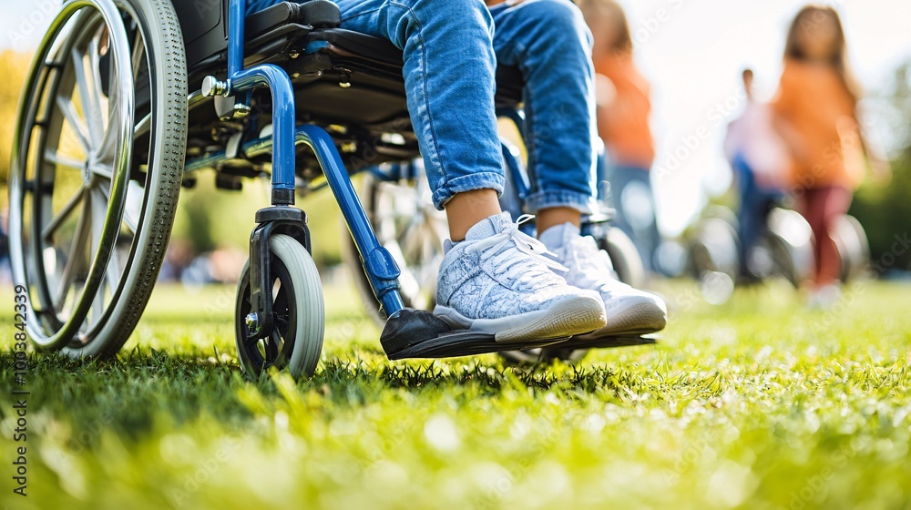 Poster community sports event with children and adults participating in a wheelchair basketball game promot