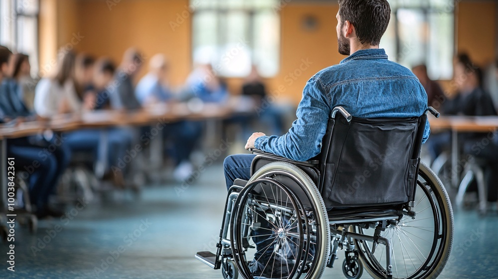 Poster Employee in a wheelchair presenting a project to a team in a meeting room reflecting the capabilities and contributions of individuals with disabilities in professional settings Large space for text