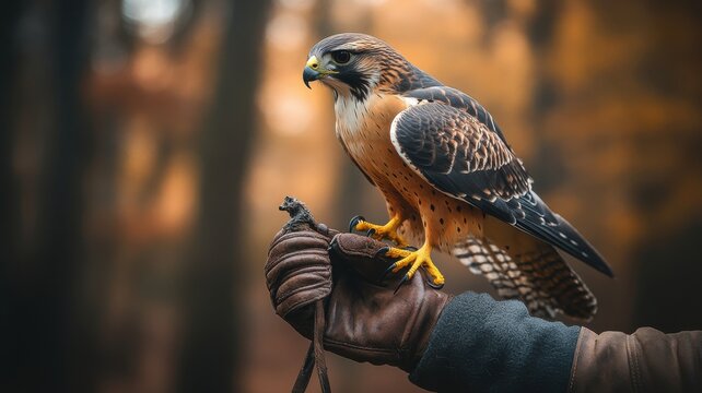 Hawk perched on a gloved hand in a forest setting, showcasing impressive features.