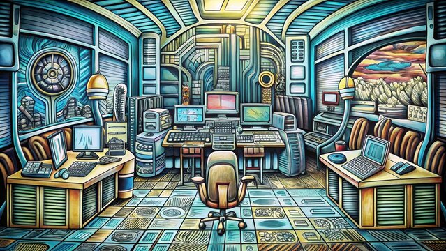 Futuristic Office Space with Multiple Computers and Technology, Illustrated in a Stylized Art Style, Perfect for Tech Blogs, Creative Websites, or Digital Workspace Inspiration