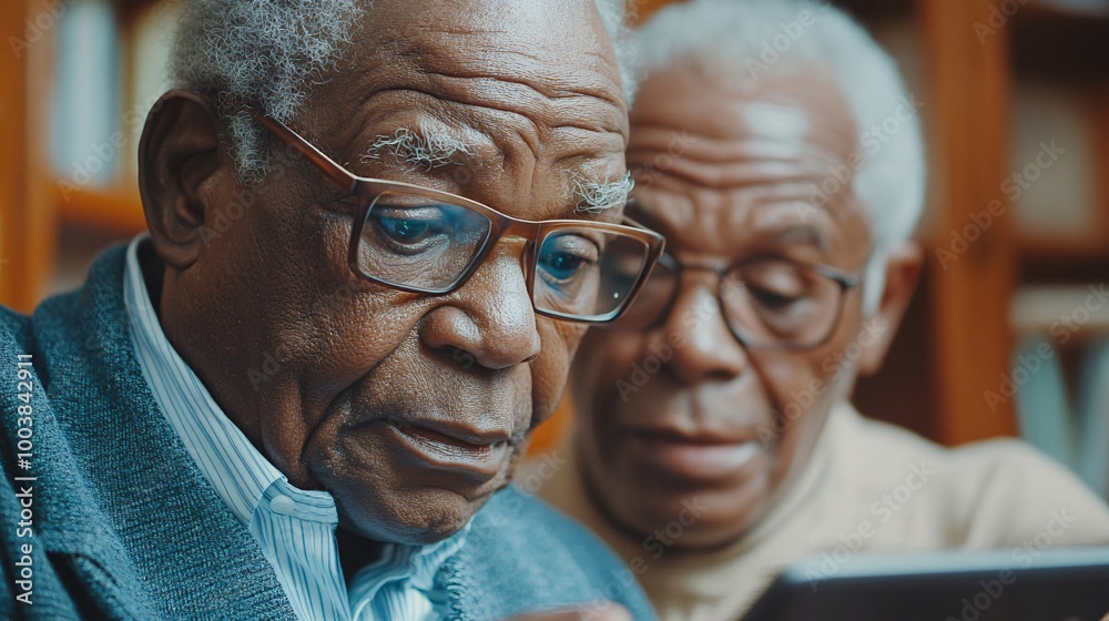 Poster Father and son using a tablet with accessibility features together at home emphasizing the integration of technology for inclusive communication Large space for text in center Stock Photo with copy