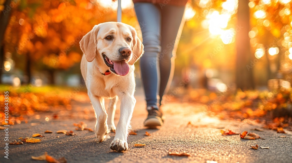 Aufkleber Person with a visual impairment using a guide dog and a white cane while navigating a city street promoting independence and accessibility Large space for text in center Stock Photo with copy space