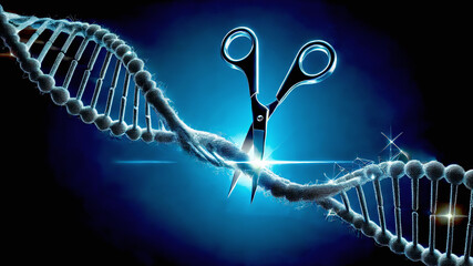 A DNA strand being cut by scissors, symbolizing genetic editing and CRISPR technology in a futuristic, glowing blue setting.