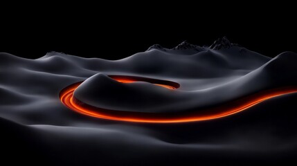 Obraz premium Ember's Path: A fiery orange neon line meanders through a stark black landscape, resembling a celestial trail or a fiery river in the night. The abstract.