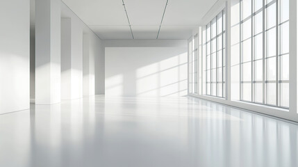 3D rendering of an empty white room with a minimalistic interior design