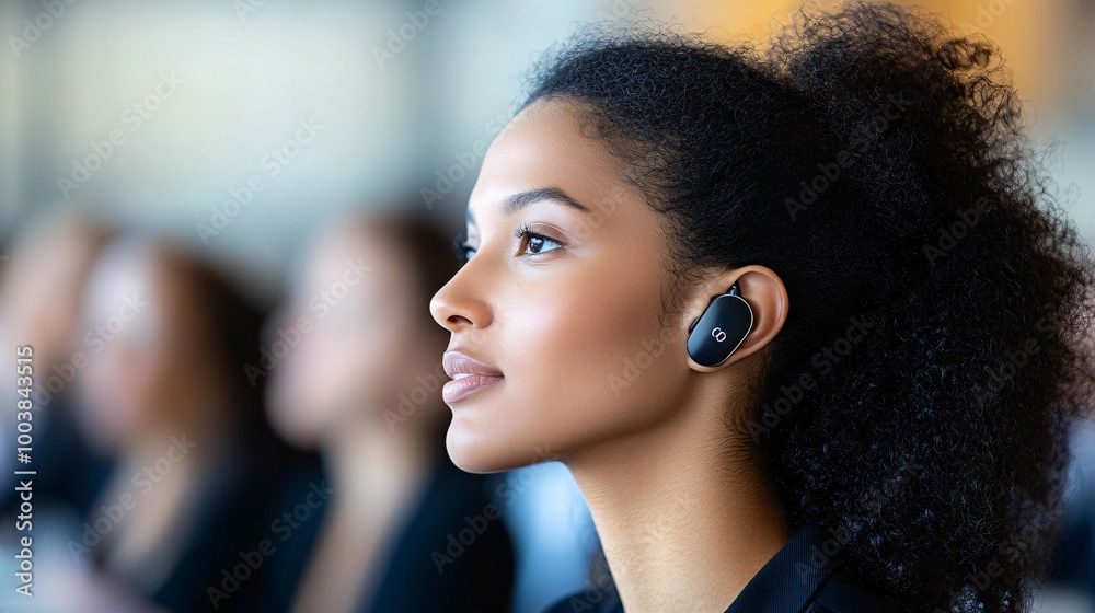 Poster young professional with a hearing aid leading a business meeting highlighting confidence and capabil