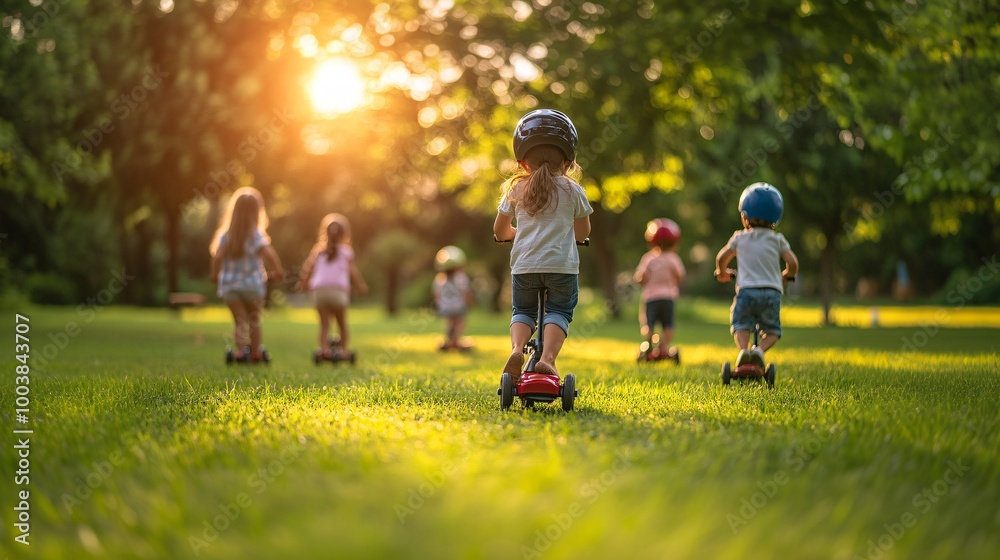 Poster Child using a mobility scooter playing with friends at a park emphasizing inclusion and joy in everyday activities Large space for text in center Stock Photo with copy space