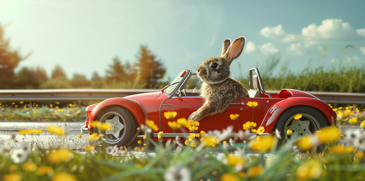 A cute little bunny is driving an old red sports car along the road