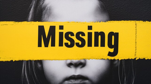 Yellow paint stripe with text bold "Missing" on it over the black and white grainy photo of child's face, true crime podcast cover.