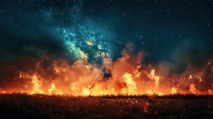 Vibrant Night Sky with Burning Fire and Stars