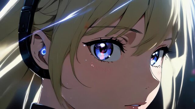 A young woman with striking blue eyes listens intently while exploring a futuristic city at dusk