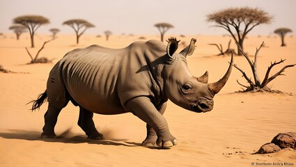 Fototapeta premium This powerful image captures a lone rhinoceros moving through a stark and barren desert landscape. Surrounded by vast sand dunes and sparse desert vegetation.