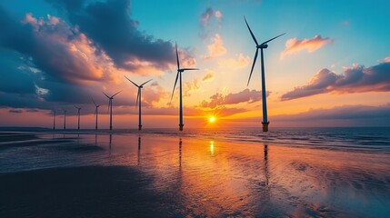 Obraz premium Stunning Sunset Over Offshore Wind Turbines Reflecting on Calm Ocean Waters