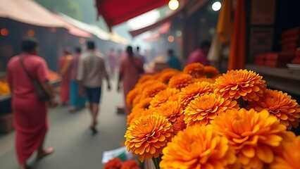 Obraz premium Banner. spices in the market. An Indian market with fresh marigold flowers, capturing the vibrancy and cultural richness of Indian markets.