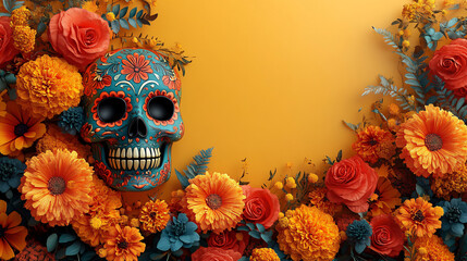 Day of the dead festive sugar skull with floral patterns and bright yellow background. Celebration and remembrance.