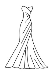 A black and white line art illustration of an elegant strapless evening gown with a fitted silhouette. The dress features a sweetheart neckline and a floor-length, flowing skirt with a subtle flare