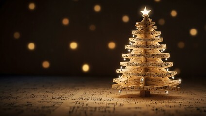 Glowing Christmas tree made of a musical score in a cozy, candlelit room.