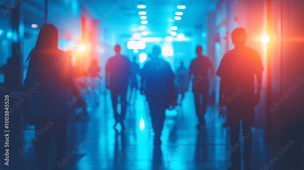 Poster Emergency room staff attending to a diverse group of patients showcasing efficient healthcare services in critical situations Large space for text in center Stock Photo with copy space