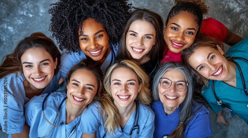 Aufkleber Emergency room staff attending to a diverse group of patients showcasing efficient healthcare services in critical situations Large space for text in center Stock Photo with copy space