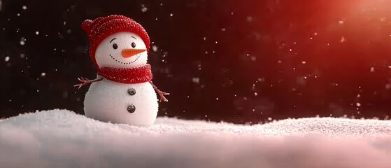  A snowman, dressed in a red hat and scarf, stands in the snow under a red spotlight