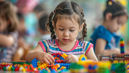 A cute little girl is playing with colorful building blocks in a kindergarten classroom