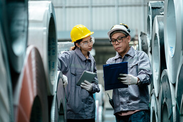 Supervisor and Staff Warehouse in uniform together inspection check to quality controll roll of raw...