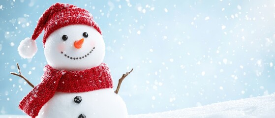 Fototapeta premium A snowman donned in a red scarf and hat, the latter embellished with a snowflake