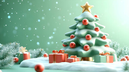 Festive Christmas Tree with Presents and Snow