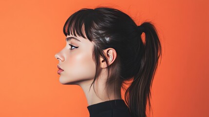 Fototapeta premium Side view of young woman with ponytail, center of frame, on orange background