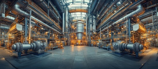 Obraz premium Industrial Factory Interior with Complex Machinery and Metal Pipes in a Modern Manufacturing Facility