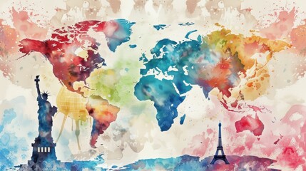 Naklejka premium Vibrant Watercolor Map with Landmarks and Global Colors
