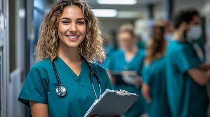 Group of doctors and nurses organizing medical supplies in a well-equipped healthcare facility demonstrating readiness and efficiency Large space for text in center Stock Photo with copy space