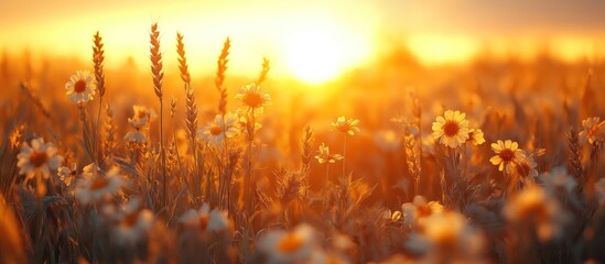 A field of daisies and wheat bathed in the warm glow of a setting sun.