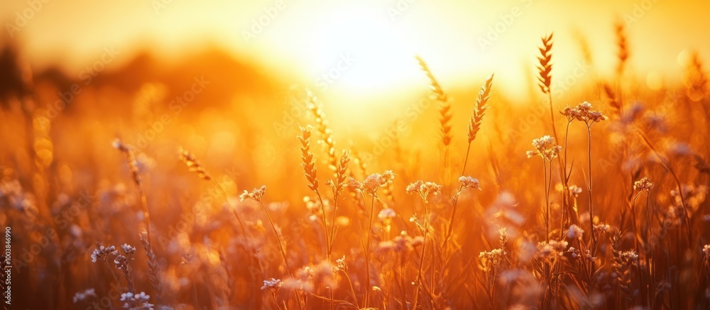 Sticker A golden field of grass illuminated by the warm glow of the setting sun.