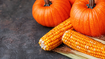 Colorful harvest display featuring pumpkins and corn on a rustic surface in autumn setting