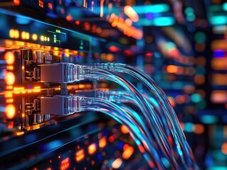 Fototapeta premium Illuminate Your Space: High-Tech Networking Hub Poster Featuring Clear Cables and Vibrant Light Patterns – Perfect for Modern Interiors and Tech-Inspired Decor!