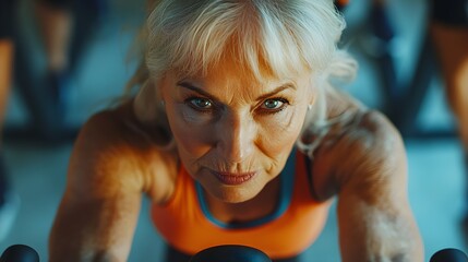 Focused senior woman on an exercise bike, overhead shot, fitness center with active people around, promoting healthy senior fitness