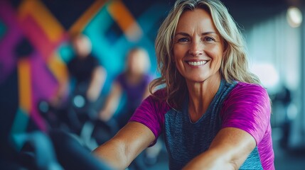 Fit senior woman on an exercise bike, smiling warmly, with gym members in the distance and modern square designs adding energy to the scene