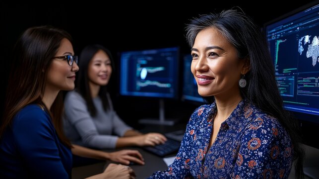 Night Shift Coders: A team of three diverse female software engineers collaborate on a project, illuminated by the glow of their computer screens in a dark room. The image evokes a sense of focus.