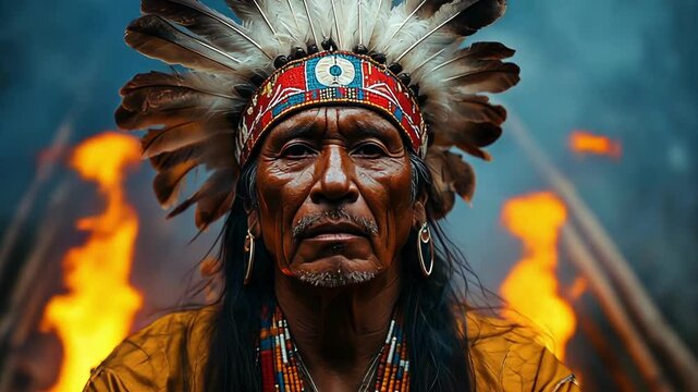 native american indian , indian chief against the background of a fire, Indian ritual