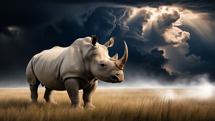 Obraz premium This powerful image features a majestic rhinoceros standing tall in an open field, set against a backdrop of dramatic, dark clouds. The looming storm clouds fill the sky with an ominous intensity