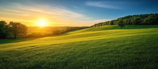 Fototapeta premium Beautiful Sunrise Over Rolling Green Hills with Lush Trees and Clear Sky