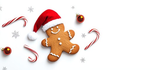 Naklejka premium A gingerbread cookie wearing a Santa hat, surrounded by candy canes against a white backdrop with drifting snowflakes