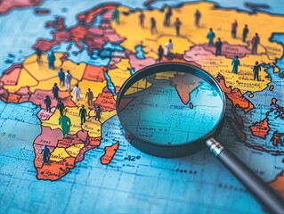 Diverse World Map Poster: A Modern Visualization of Demographic Diversity with Avatars, Highlighted by a Magnifying Glass for Sports Interior and Cultural Inspiration