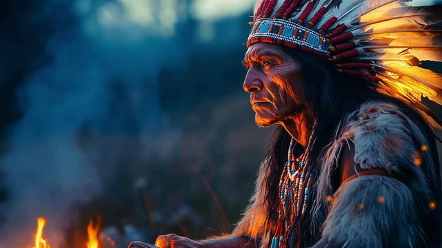 Indian chief in the evening by the fire, Native American Indian