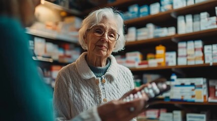 Pharmacist explaining medication instructions to an elderly woman at a community pharmacy promoting patient education and safety Large space for text in center Stock Photo with copy space