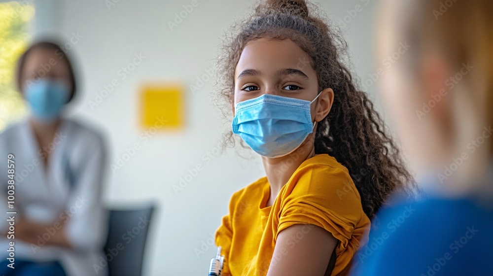 Poster nurse giving a child a vaccine in a clinic setting emphasizing immunization and preventive health se