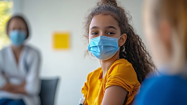 Nurse giving a child a vaccine in a clinic setting emphasizing immunization and preventive health services for children Large space for text in center Stock Photo with copy space