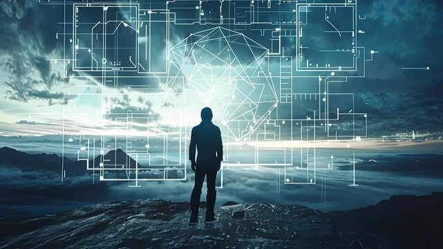 Scientist is standing on a mountain top exploring a brain neural network. The concept of neural enhancement and neurotechnology