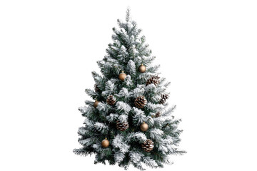 Christmas tree with large pine cones isolated on a transparent background, PNG file, tree adorned with wooden ornaments, natural garlands, and snow lightly dusting the branches and cones